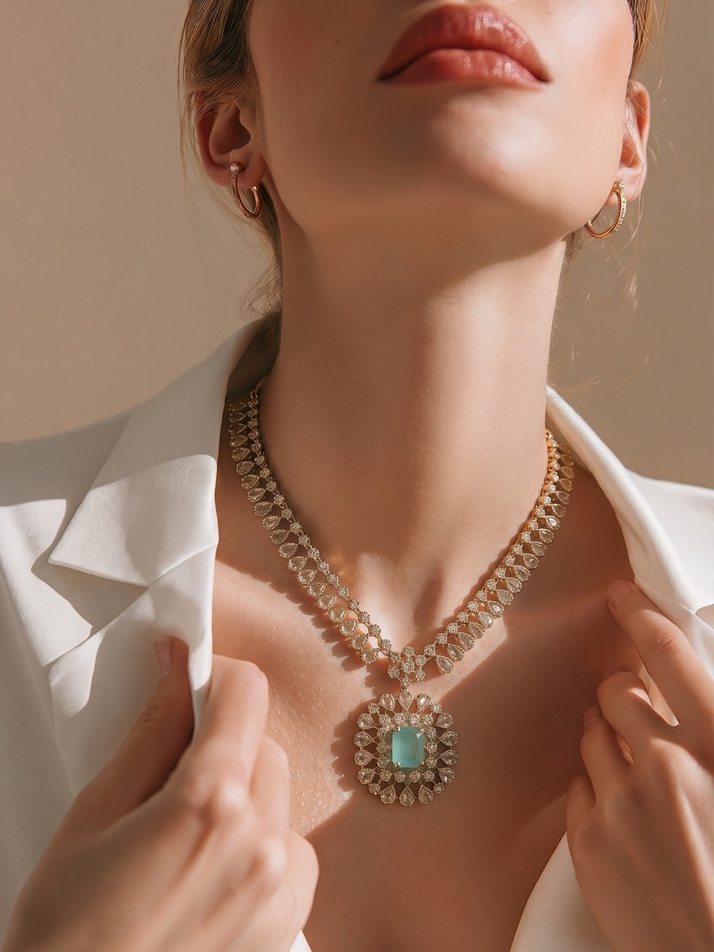 Elegant Gold Necklace with Aquamarine Pendant and earrings